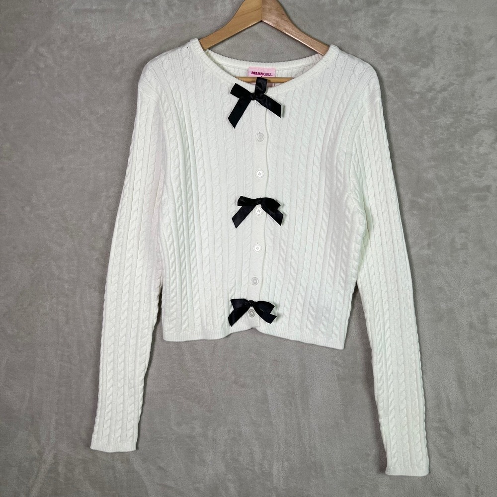 Mean Girls Forever 21 Plus 2X Cable Knit Button Front Black Bows Sweater